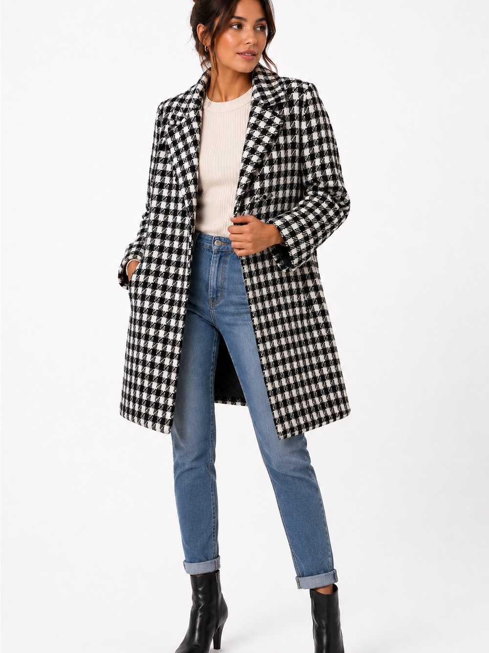 Forever 21 Black and White Houndstooth Wool-Blend Coat